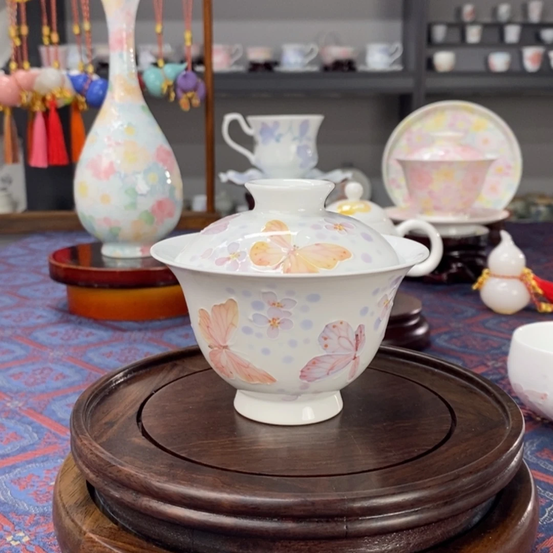 蝶恋花盖碗釉下手绘高温