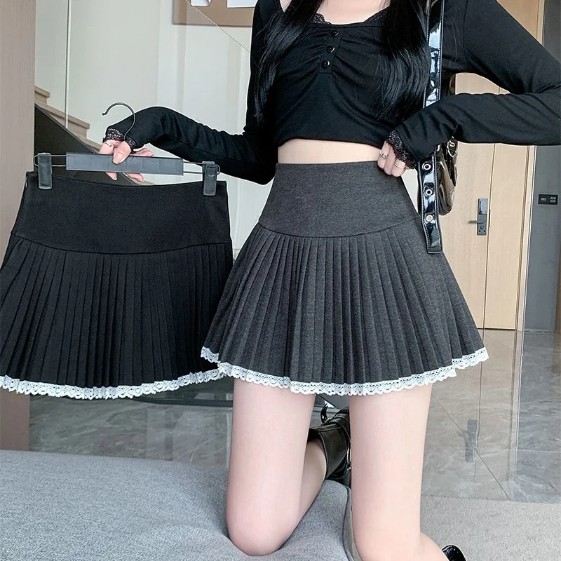 新款秋冬加厚百褶裙蕾丝拼接花边毛呢A字半身裙高腰显瘦防走光裙