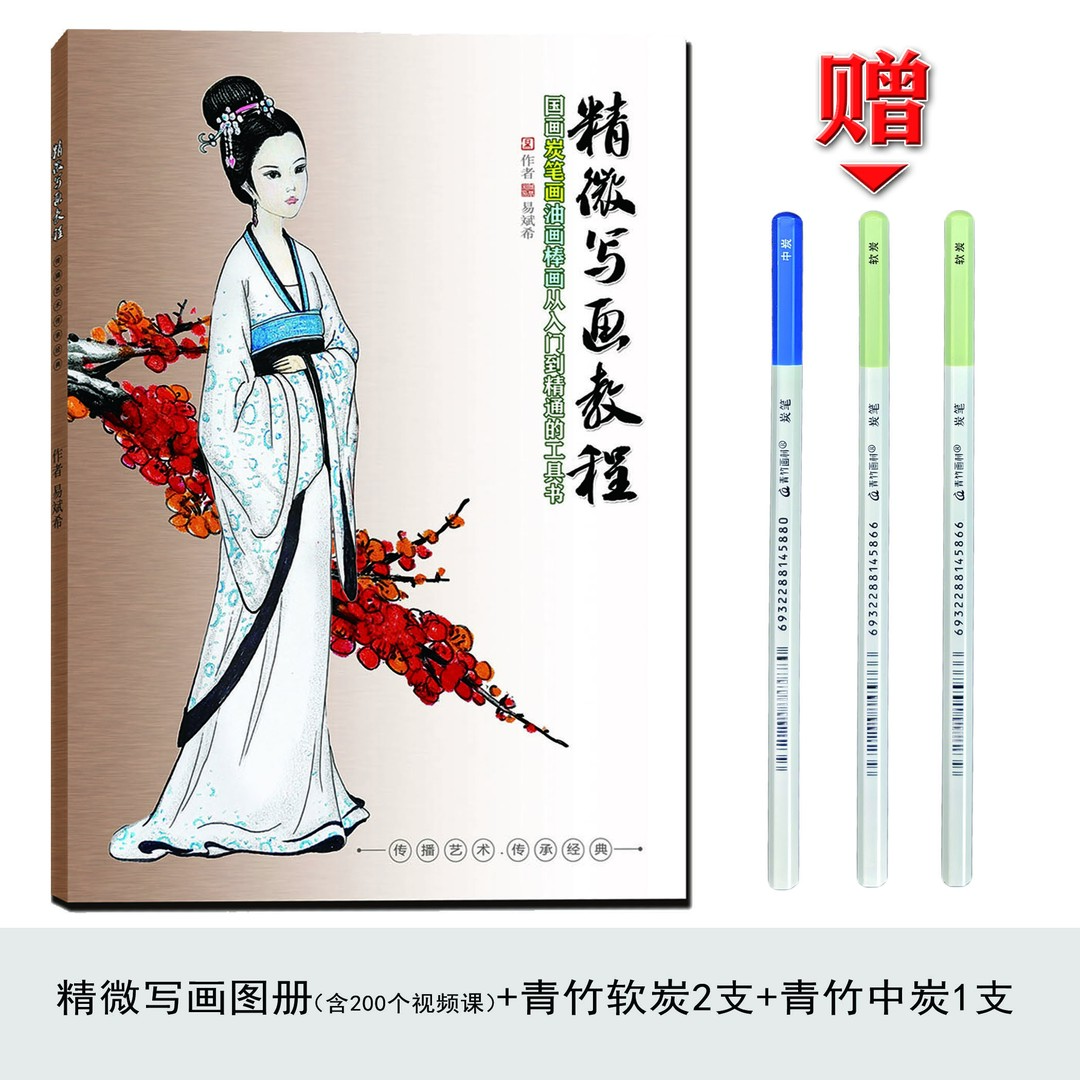 精微写画课程（200节精讲视频课扫码学习）+青竹软炭2支中炭1支