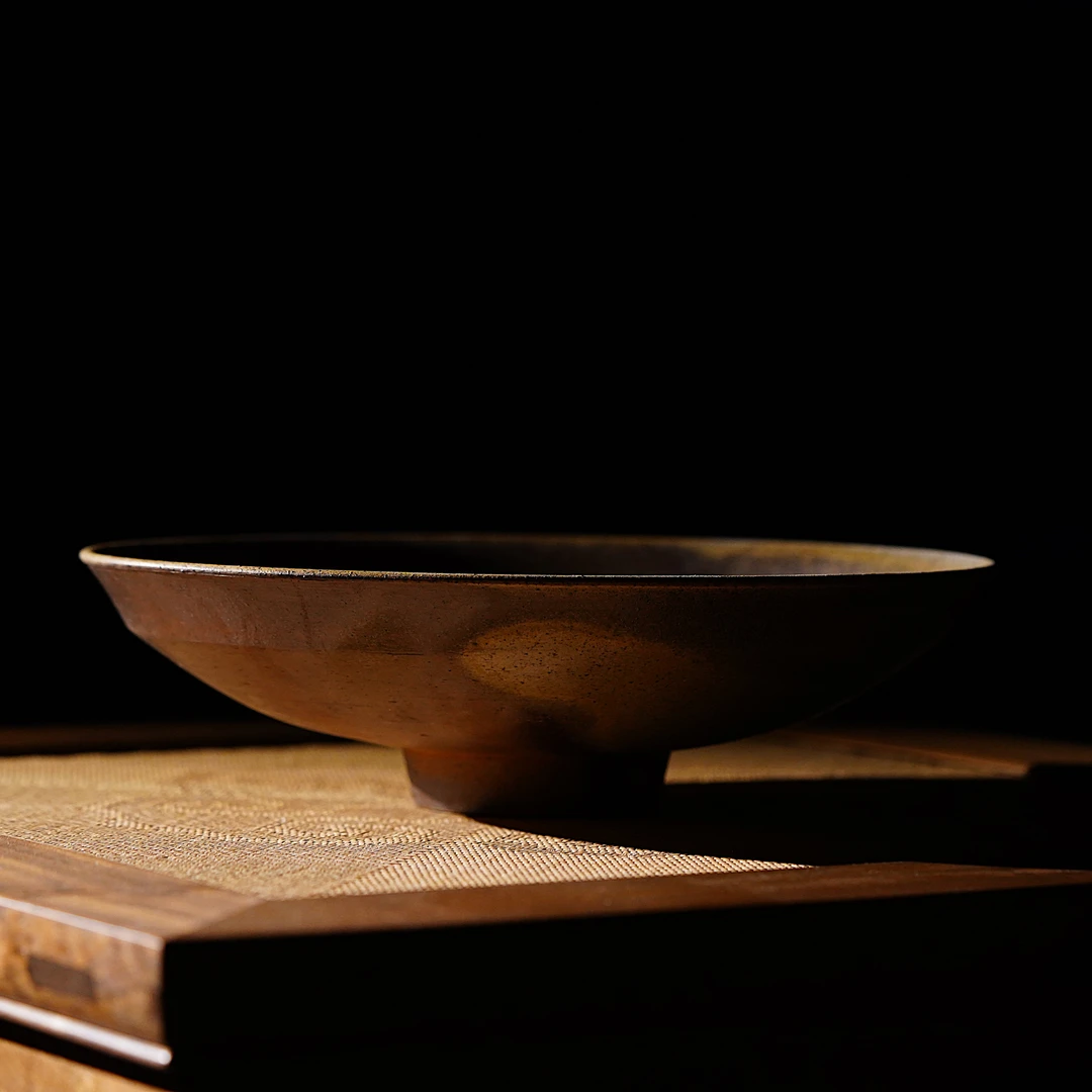 有三陶艺高温裸柴烧纯手工粗陶复古风高足大圆果盘