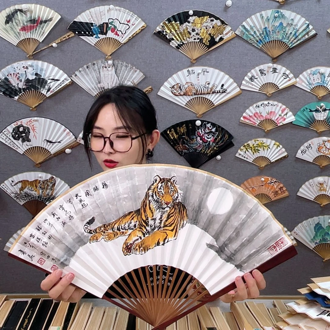 国画95寸红木-纯手绘-文玩扇骨（默认粘好）