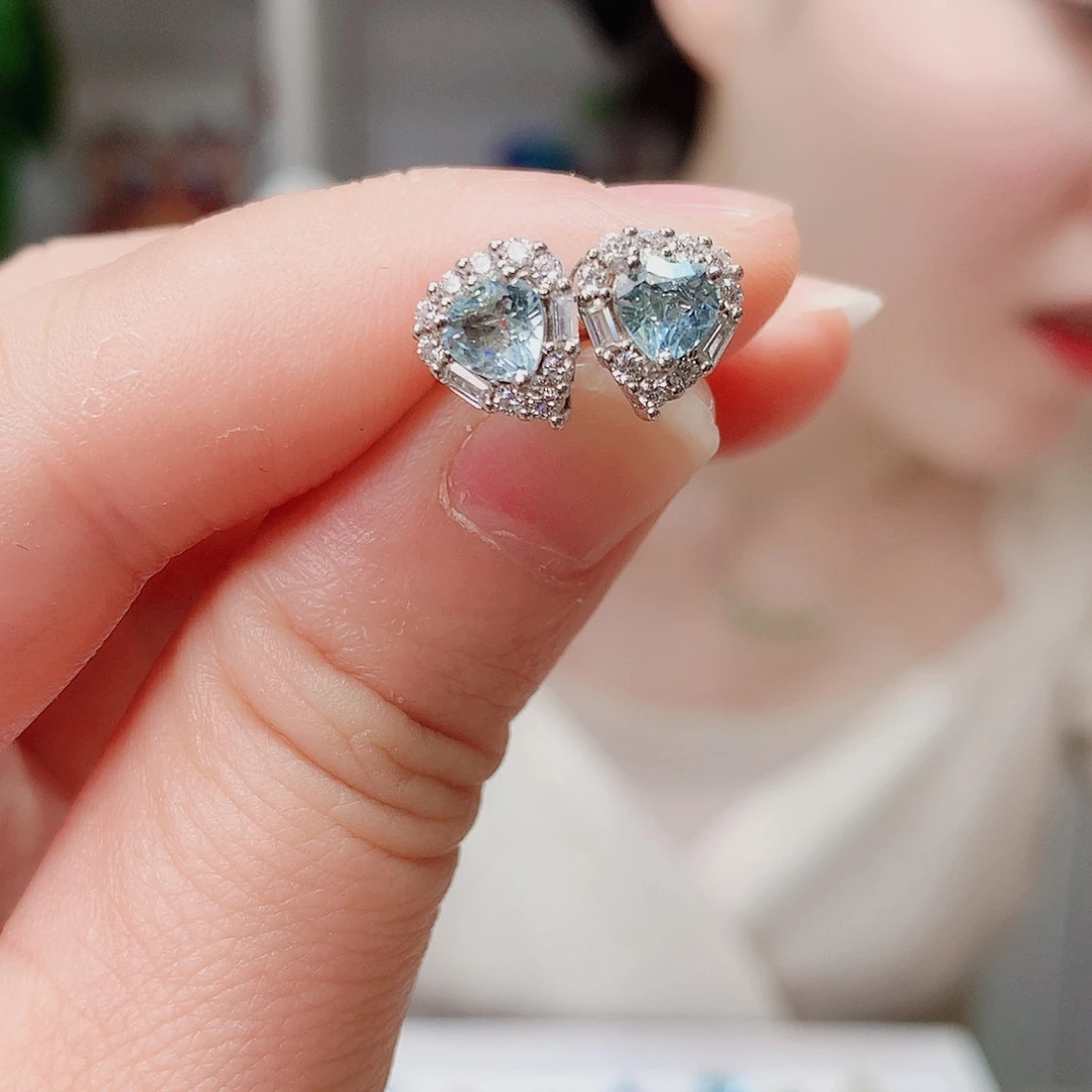 耳钉海蓝宝石银S925镶嵌