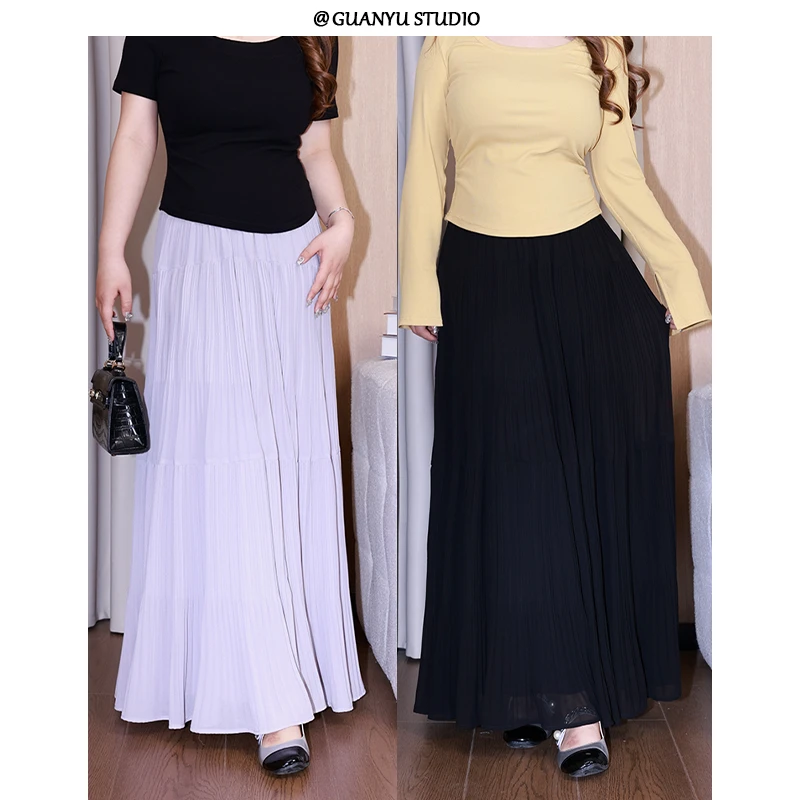 【香芋甜茶】蛋妹大码女装微胖春秋季百搭百褶裙半身裙长款DM25169