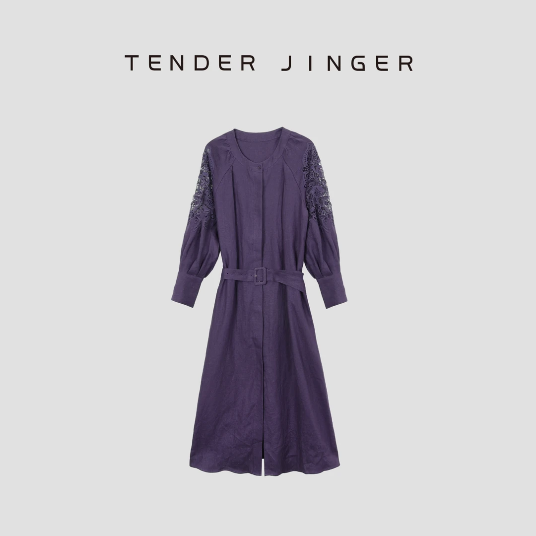 Tender Jinger民族风系带收腰镂空长袖亚麻连衣裙T51YMS80042