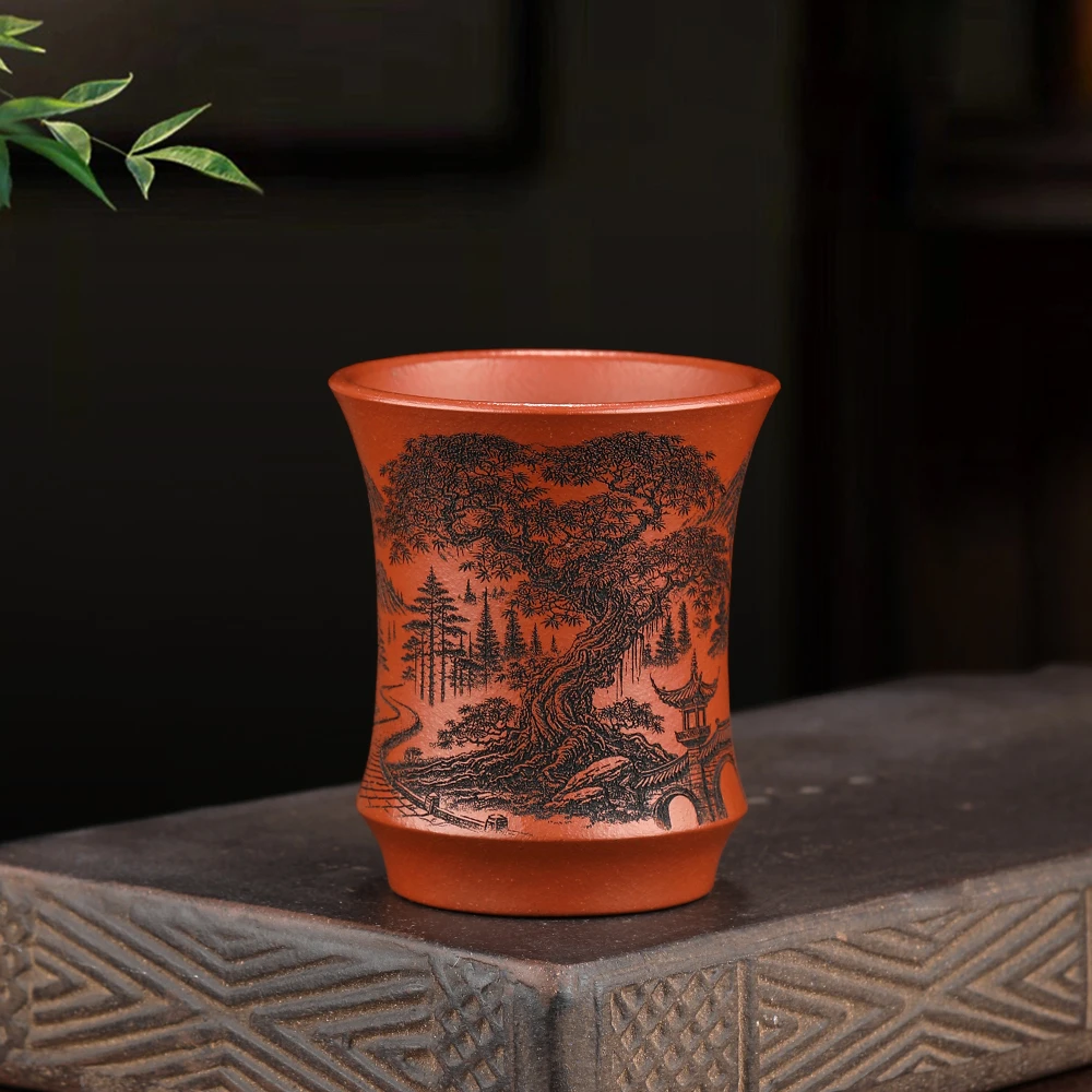 原矿紫砂主人杯 朱泥 精雕细刻  万古长青