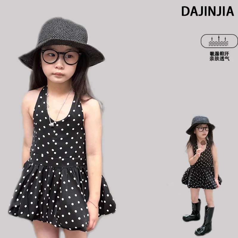 大金定制夏季新款港风复古夏日阳光波点挂脖吊带裙女宝宝洋装裙