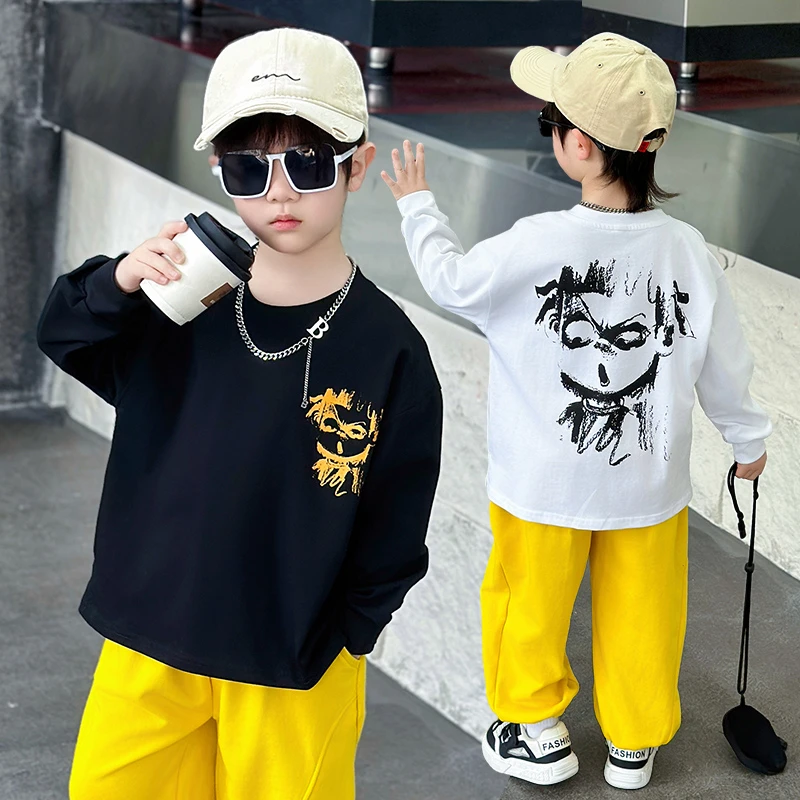 (90-150）儿童春秋新款时尚潮酷痞帅百搭多种图案韩系风单卫衣T恤