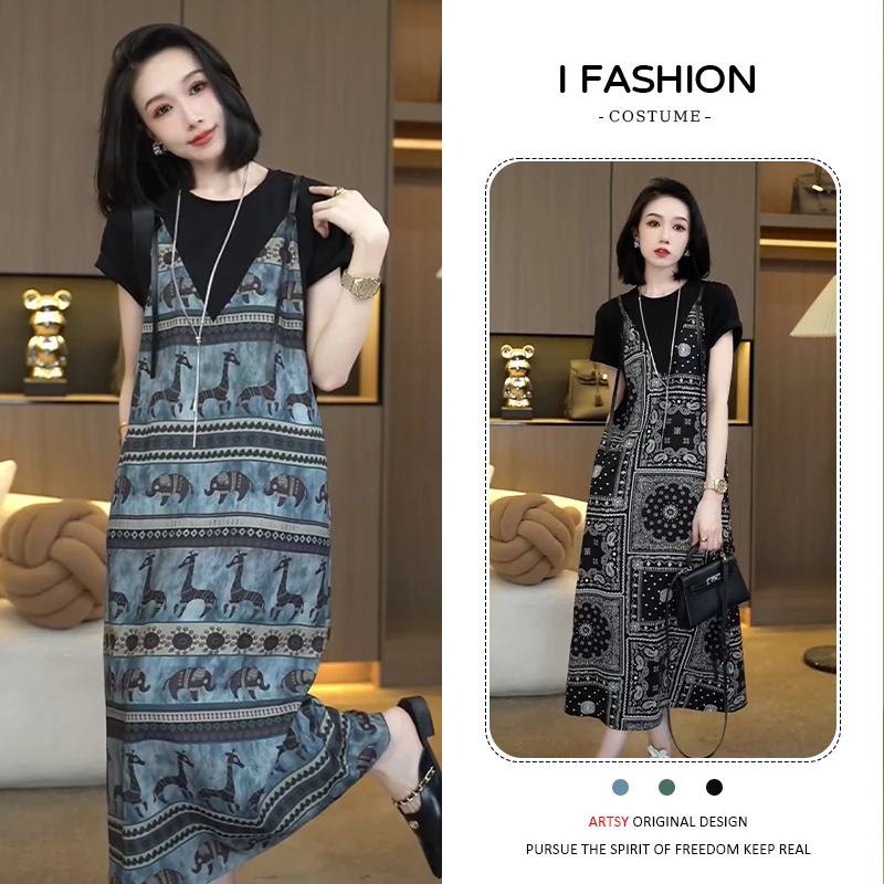 设计感小众时尚连衣裙女2025年夏季新款复古宽松遮肉显瘦拼接裙子