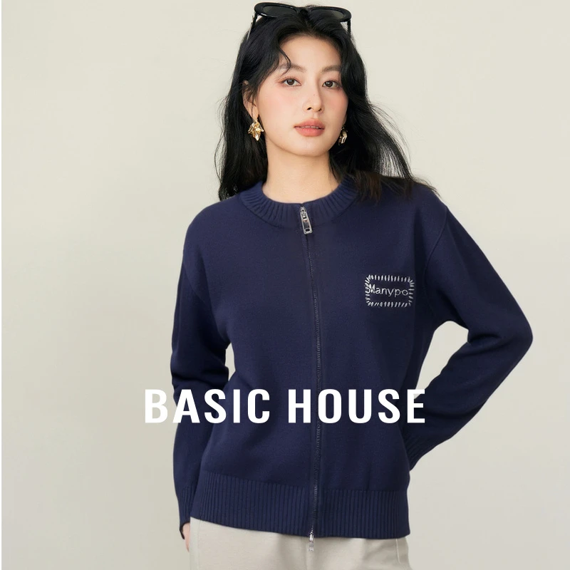 Basic House/百家好双拉链毛衣外套女高级感宽松字母刺绣针织开衫