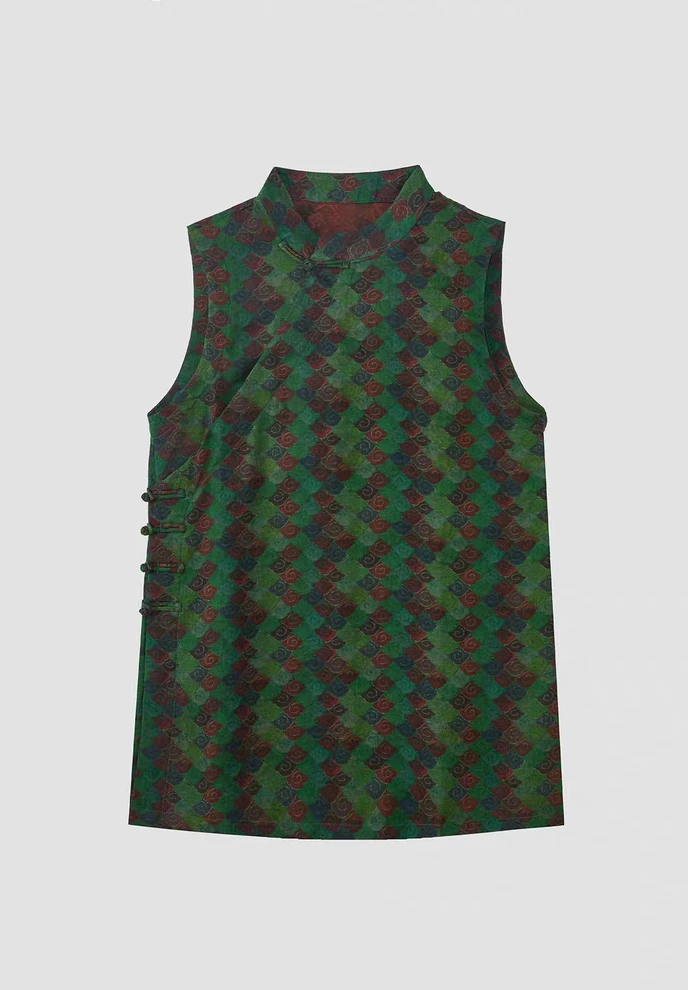 翡翠绿香云纱新中式真丝满萝刻花马甲背心上衣