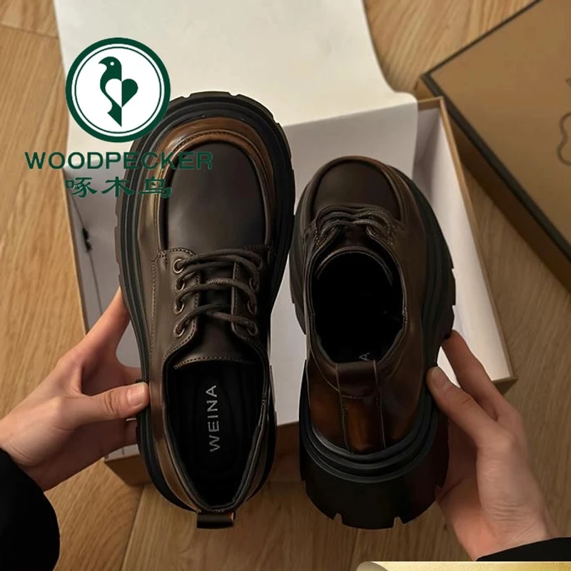 啄木鸟品牌鞋松糕厚底小皮鞋女英伦风新款一脚蹬系带单鞋乐福鞋子