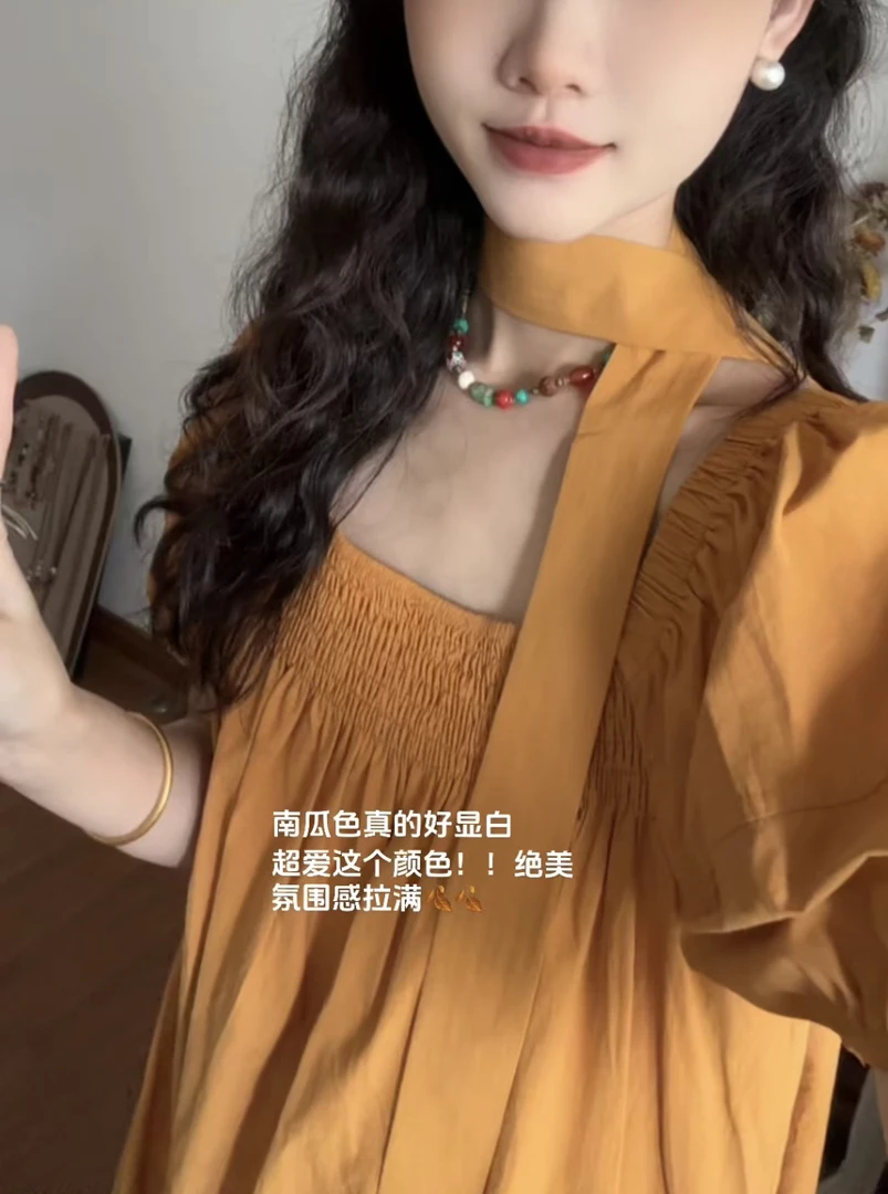 韩系方领气质泡泡袖连衣裙（有口袋配腰带）