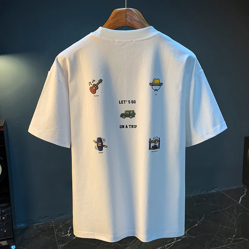 夏季薄款短袖男高端刺绣印花T恤上衣垂感冰丝透气半截袖体恤衫男