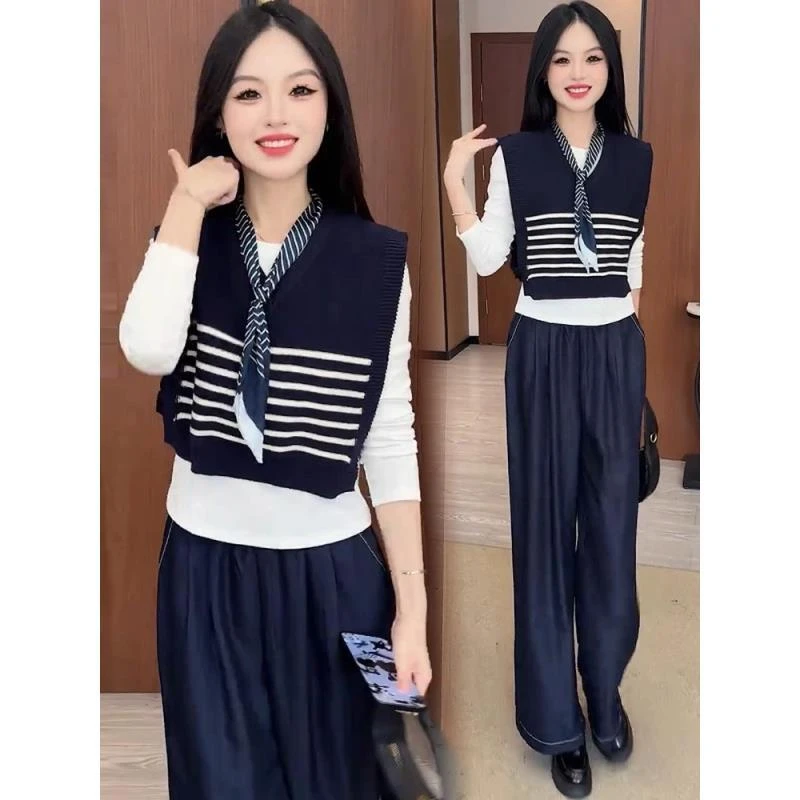 时尚套装女2025秋季新款洋气显瘦马甲上衣打底衫阔腿裤三件套潮