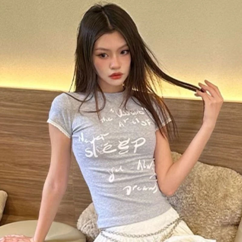 夏季新款纯欲风印花短款纯棉短袖t恤女修身显瘦百搭设计感上衣女