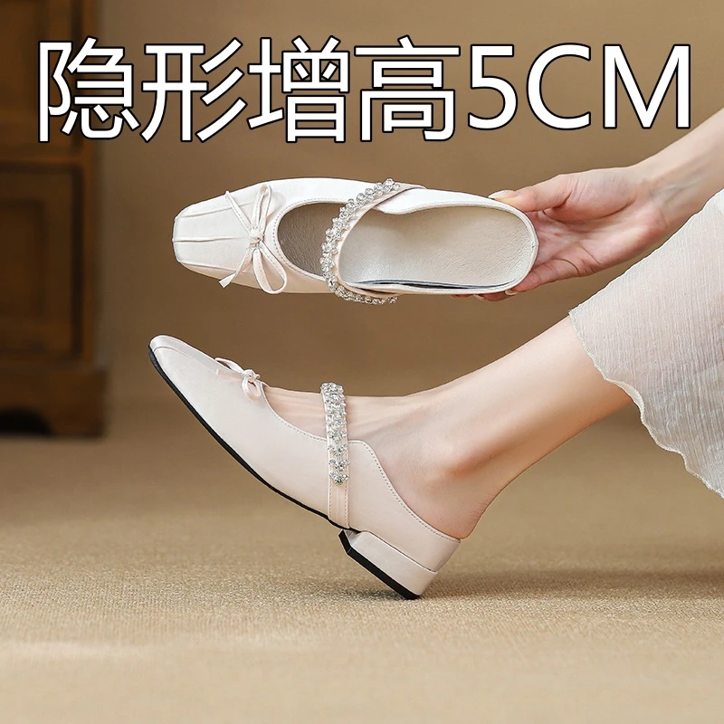 方头低跟小皮鞋2025新款玛丽珍单鞋女外穿小个子内增高5cm奶奶鞋