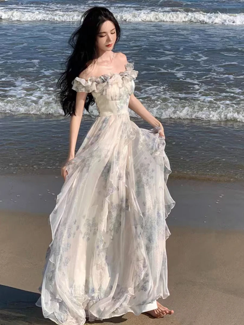 海边度假风吊带裙纱法式荷叶边沙滩连衣裙氛围感长裙飘逸仙女范