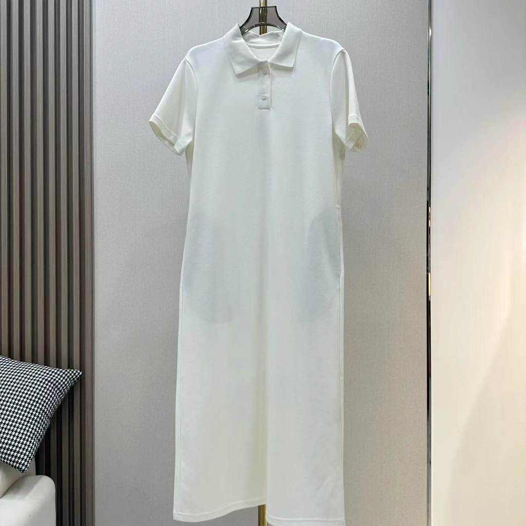 25新款白色polo领短袖中长款连衣裙