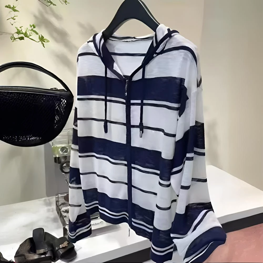 2025早秋韩版防晒针织条纹连帽女开衫宽松休闲时尚毛针织衫秋季