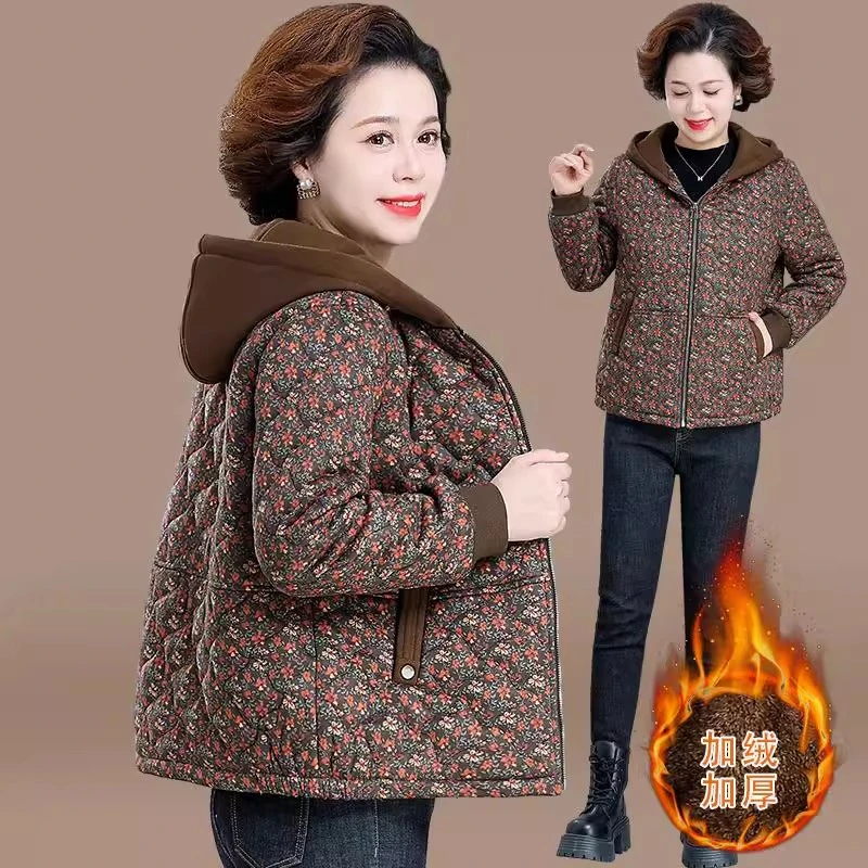 小个子妈妈冬装加绒加厚棉服外套洋气花棉袄中老年女秋冬奶奶棉衣