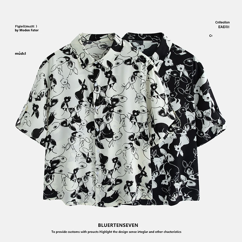 港风印花冰丝衬衫男士夏季短袖衬衣胖子宽松港风休闲潮流兔子半袖