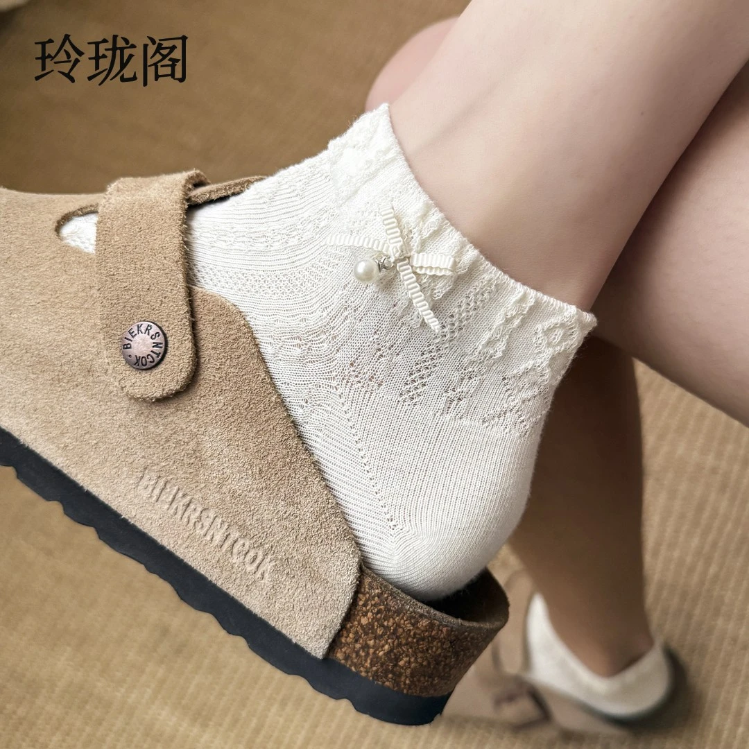 勃肯鞋专用袜子女款秋季透气防臭棉袜短筒袜白色蝴蝶结日系ins潮