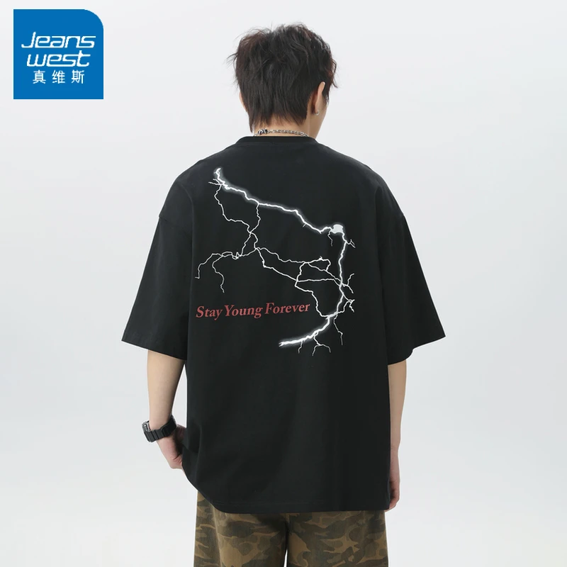 Jeanswest/真维斯潮牌背面雷电印花设计短袖T恤男圆领美式体恤衫