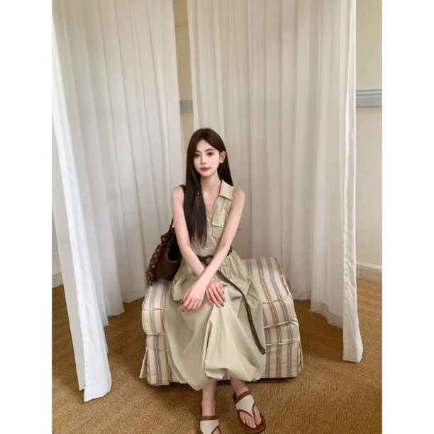 【美丽公式】26626 设计感收腰无袖法式翻领连背心连衣裙【包含腰带】