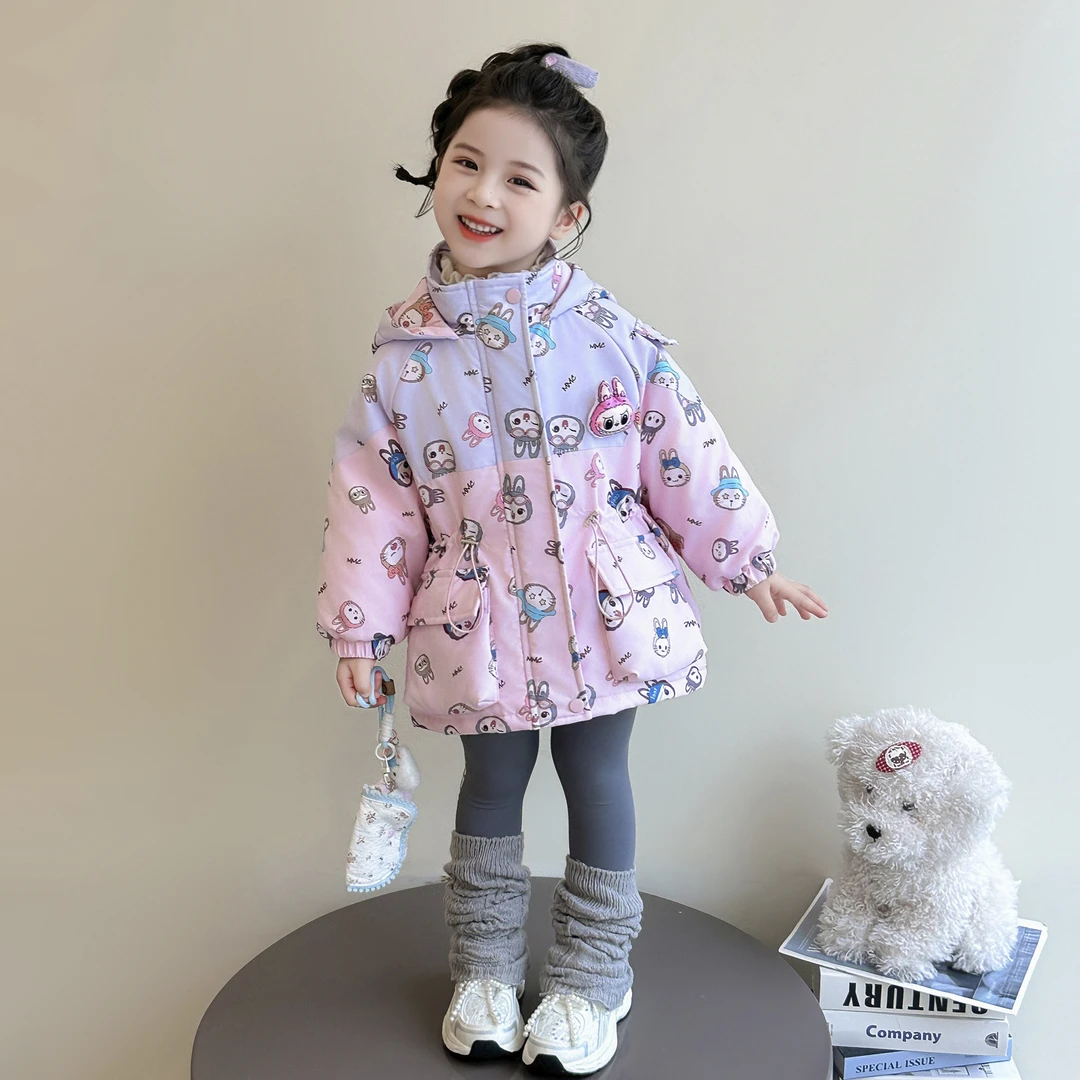 女童夹棉卡通中长款棉衣外套秋冬季2025款儿童洋气冲锋衣保暖上衣
