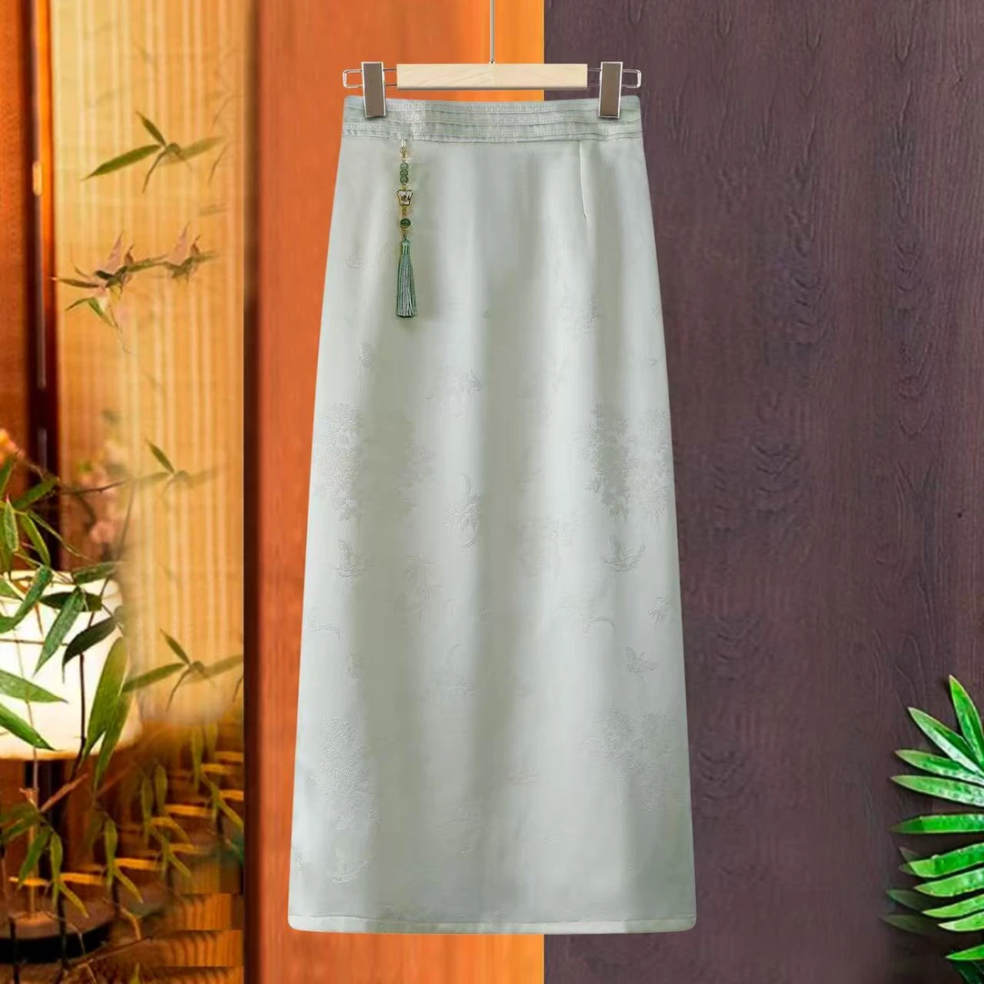 复古中式蝴蝶提花裙子国风秋季新款高腰显瘦吊坠开叉半身裙中长款