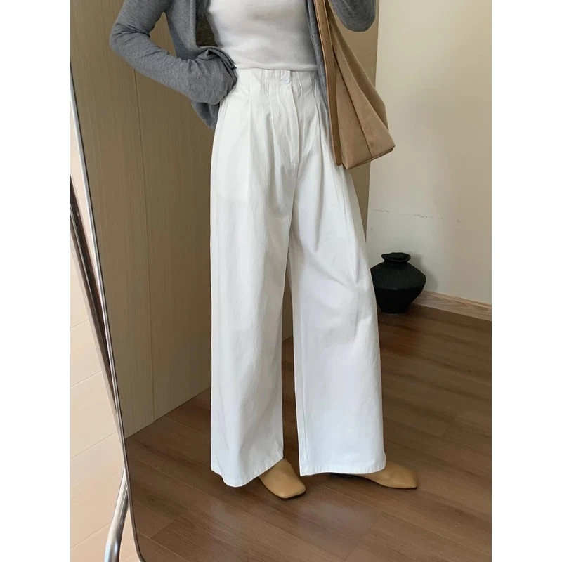 纯棉酵洗加柔白色宽松阔腿直筒裤子女梨型身材显瘦西装裤拖地长裤