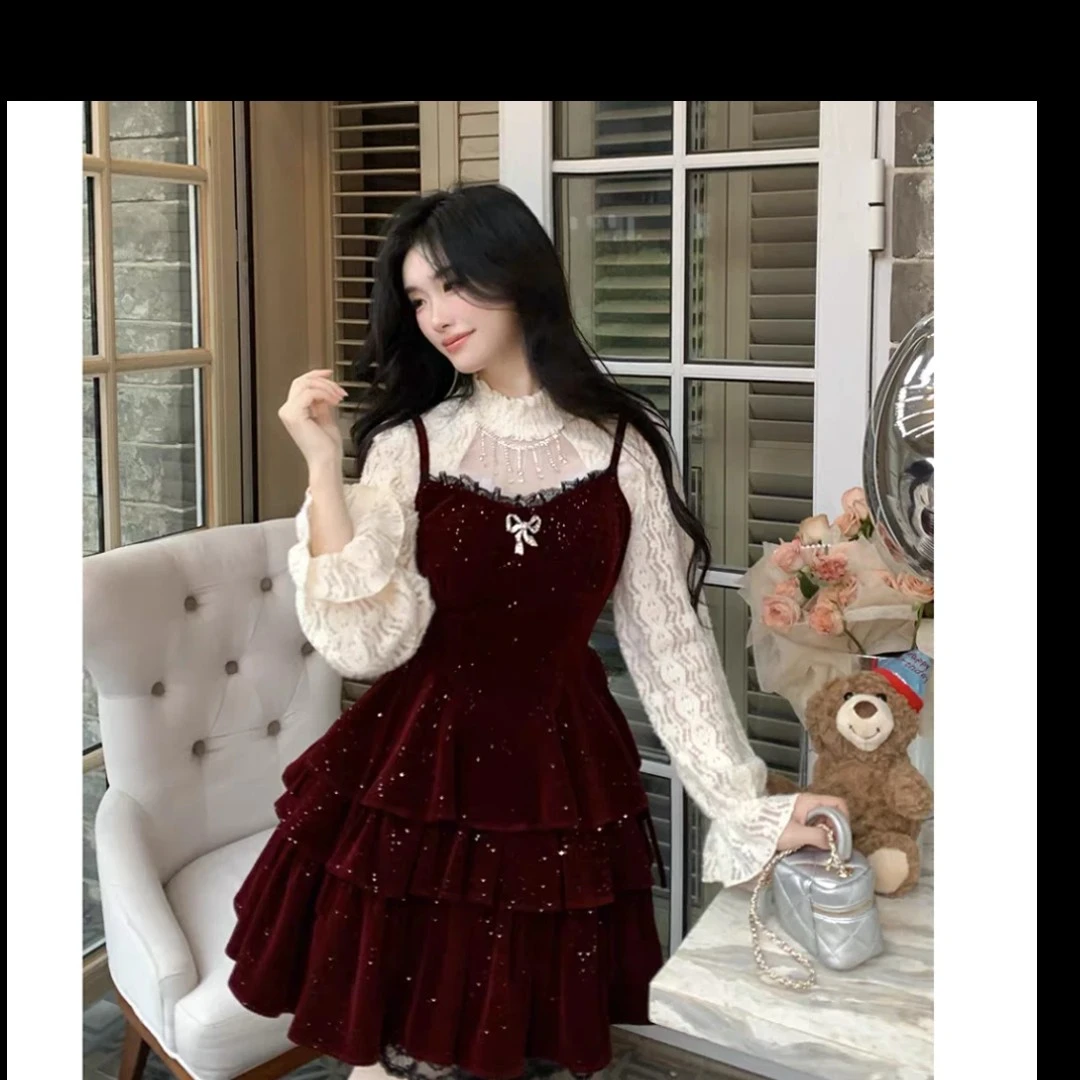 大码轻熟风珠链镂空上衣+细闪丝绒蓬蓬吊带裙套装10542