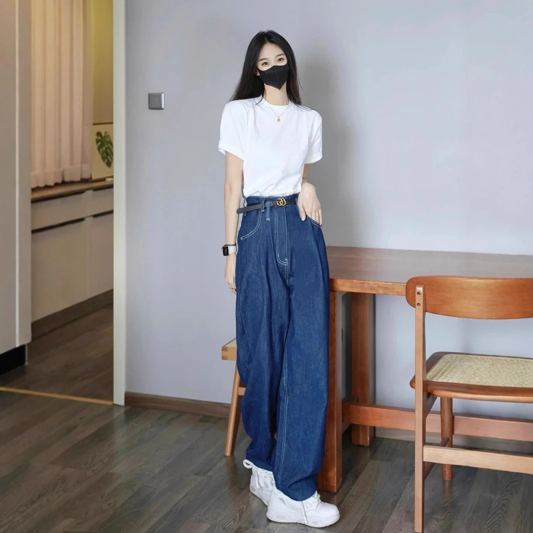 夏季新款网红炸街套装洋气减龄休闲时尚白色短袖牛仔阔腿裤两件套