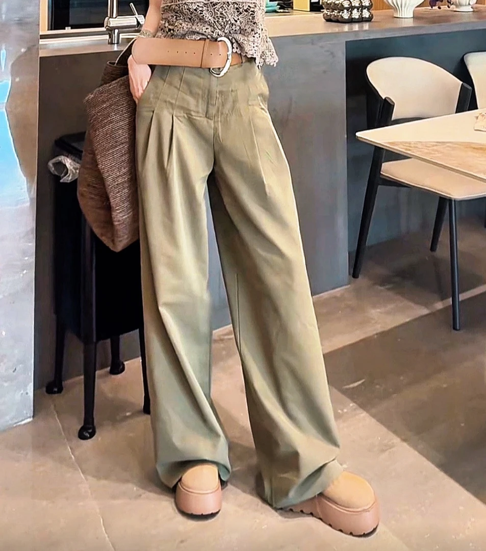 x3238 CC推荐 高腰军绿色阔腿裤休闲裤