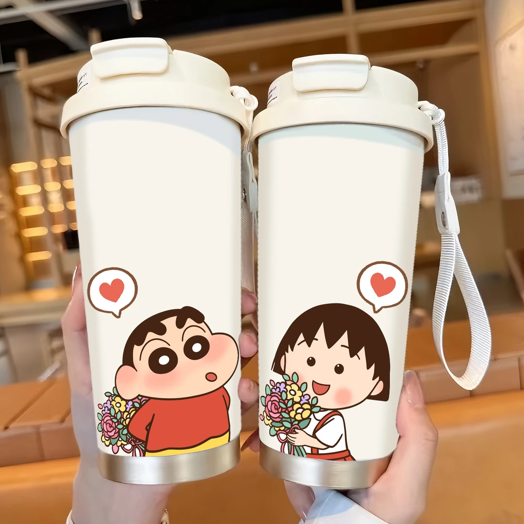 送花小新保温杯不锈钢学生高颜值吸管大容量保温锁冷咖啡双饮杯