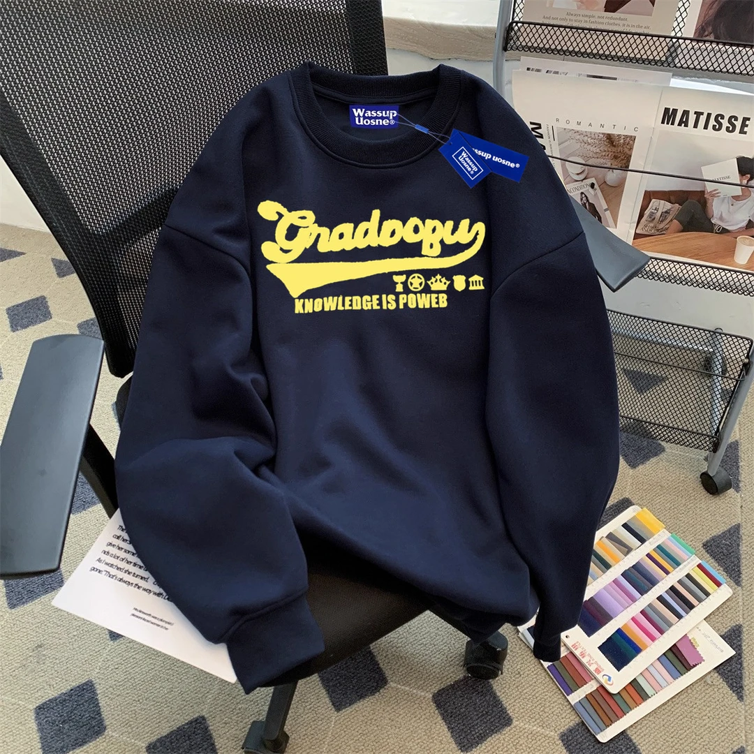 毛巾刺绣字母圆领薄款长袖2025新款卫衣男款宽松秋冬情侣装上衣