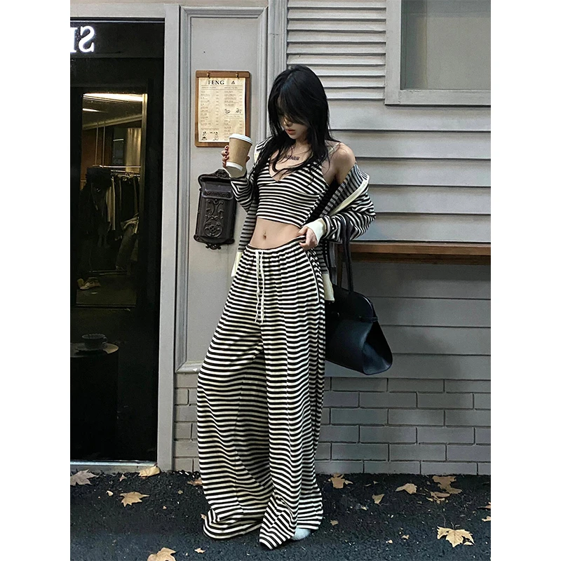 韩系慵懒黑白条纹睡衣女秋季爆款外套吊带长裤家居服三件套可外穿