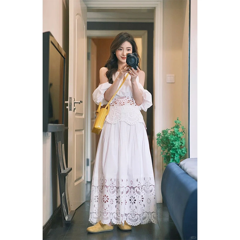 2025春夏季新款修身显瘦长袖上衣高级设计感收腰露肩花纹半身裙女