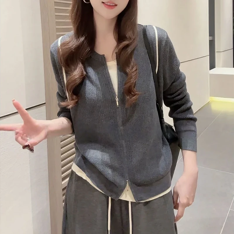 洋气简约风日常通勤休闲撞色条双头拉链假两件针织衫女早秋高级感
