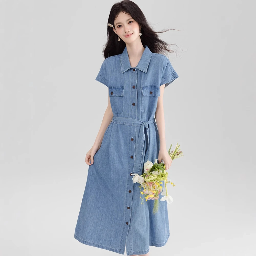 法式复古气质绑带收腰牛仔连衣裙女2025夏季款单排扣漂亮短袖裙子
