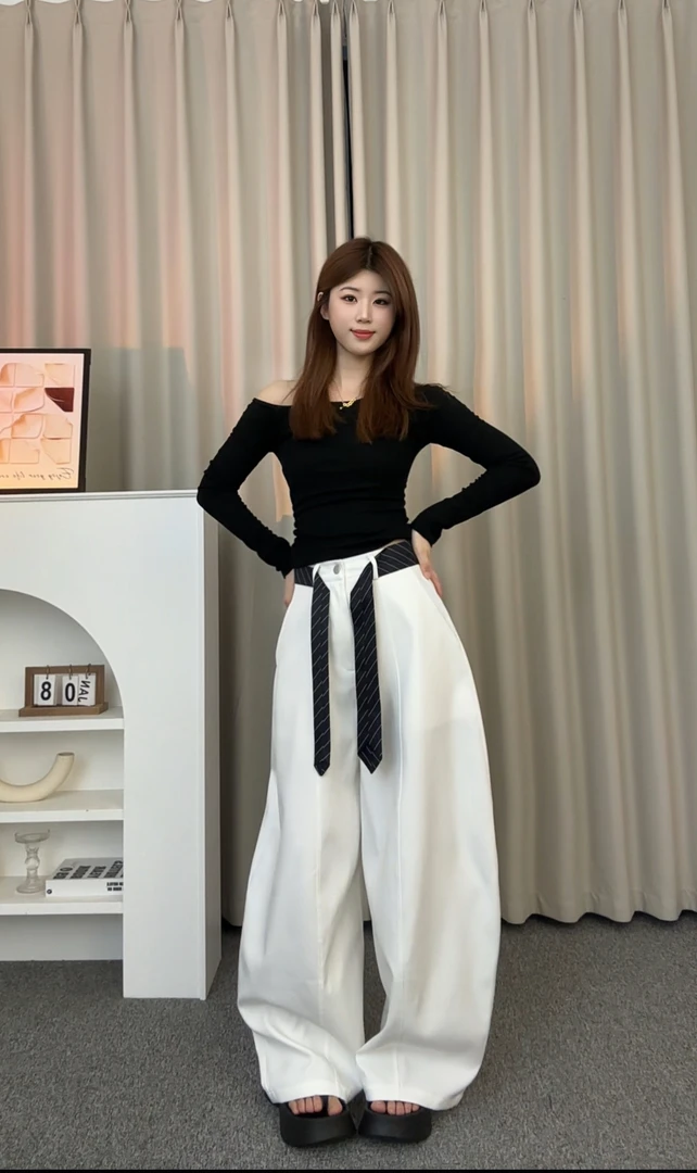 2025十三行秋季款美式复古辣妹风设计感腰带阔腿裤宽松显瘦弯刀裤