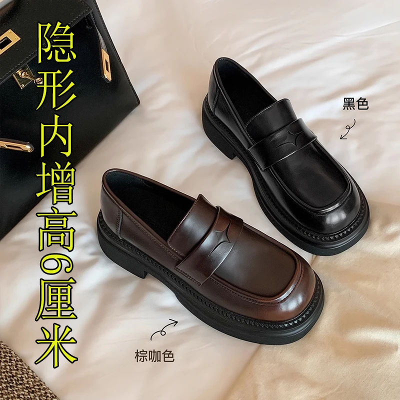 2025爆款春款~英伦风复古擦色厚底黑色懒人乐福鞋女小皮鞋真皮