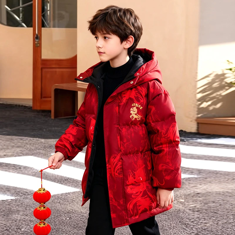 男童冬季羽绒服2025新款中长款大儿童冬装加厚外套红色本命拜年服