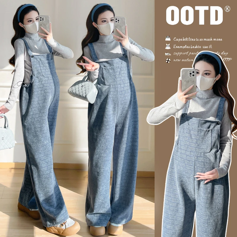 2025秋冬装宽松上衣+加绒外穿背带裤时尚气质孕妇两件大套装春季