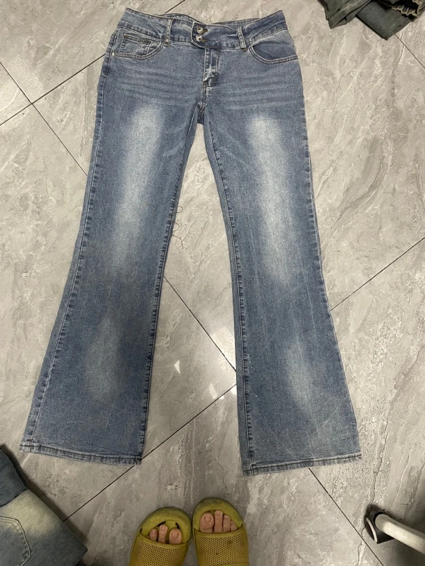 （次品，染色污渍破洞介意勿拍）低腰双排扣高弹力喇叭裤