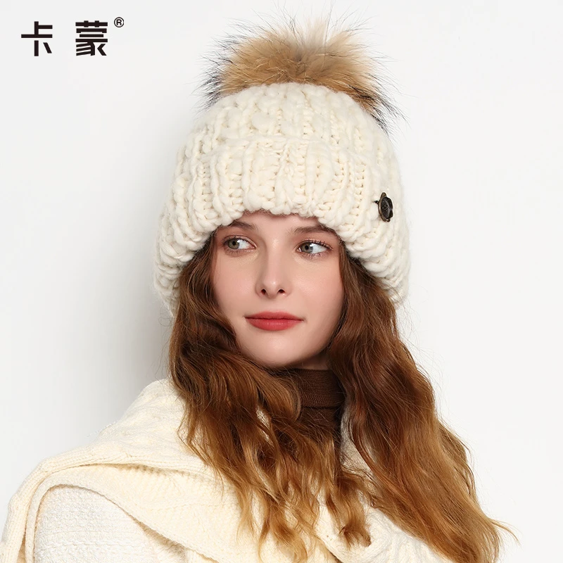 卡蒙 女款秋季时尚百搭绵羊毛粗毛线帽韩版手工编织针织帽保暖帽