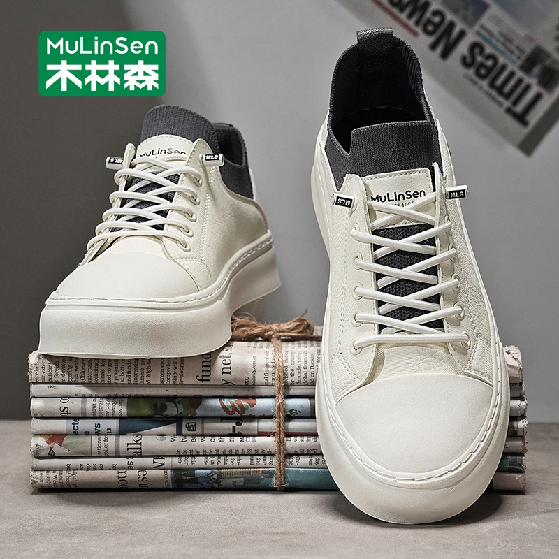 木林森男鞋2025年新款秋季透气运动休闲小白鞋男轻便厚底男士板鞋
