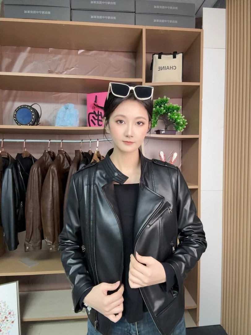 2025春季新款百搭气质修身时尚女士皮衣-机车立领款外套