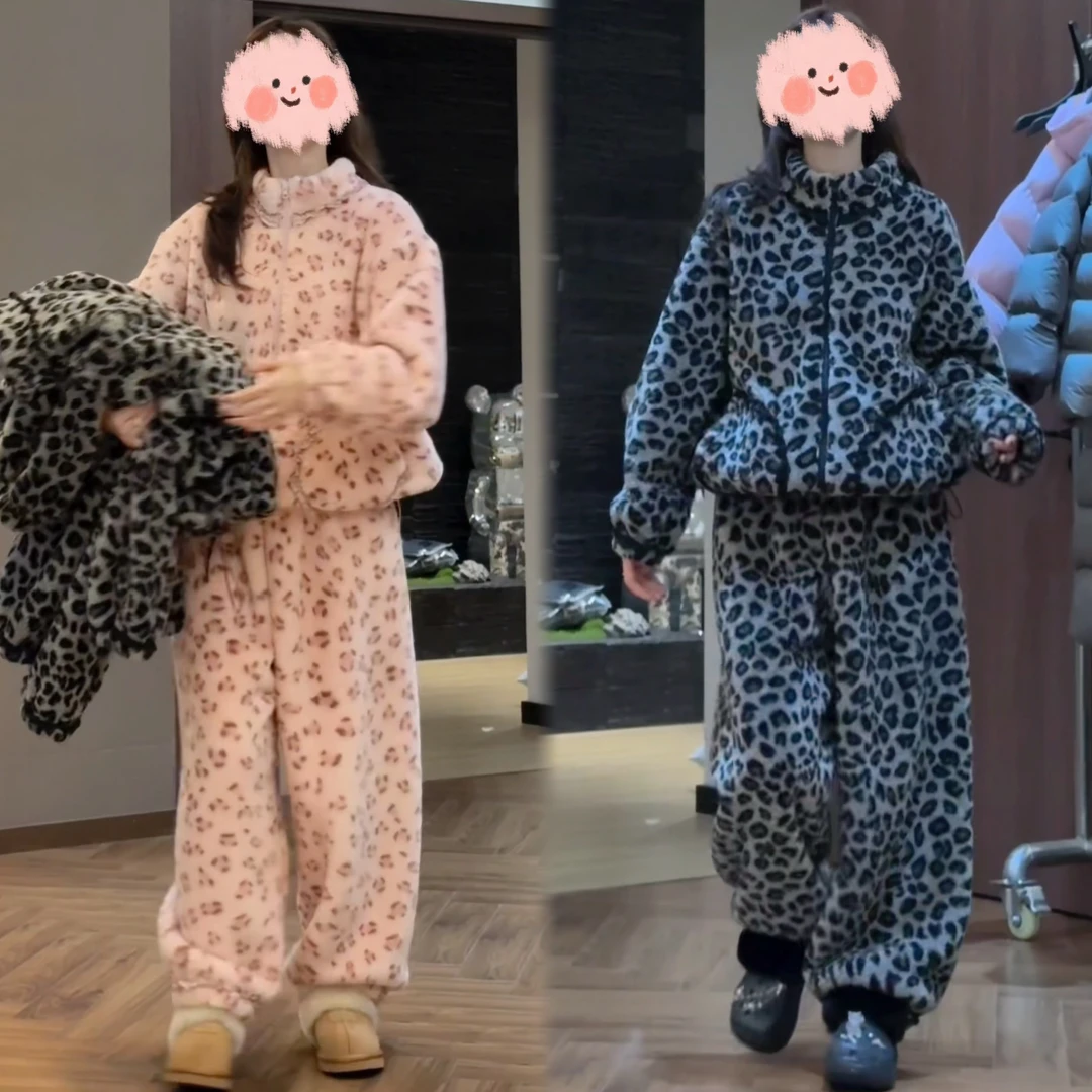 2025秋冬女士时尚新款气质豹纹加绒加厚保暖宽松居家服休闲套装女