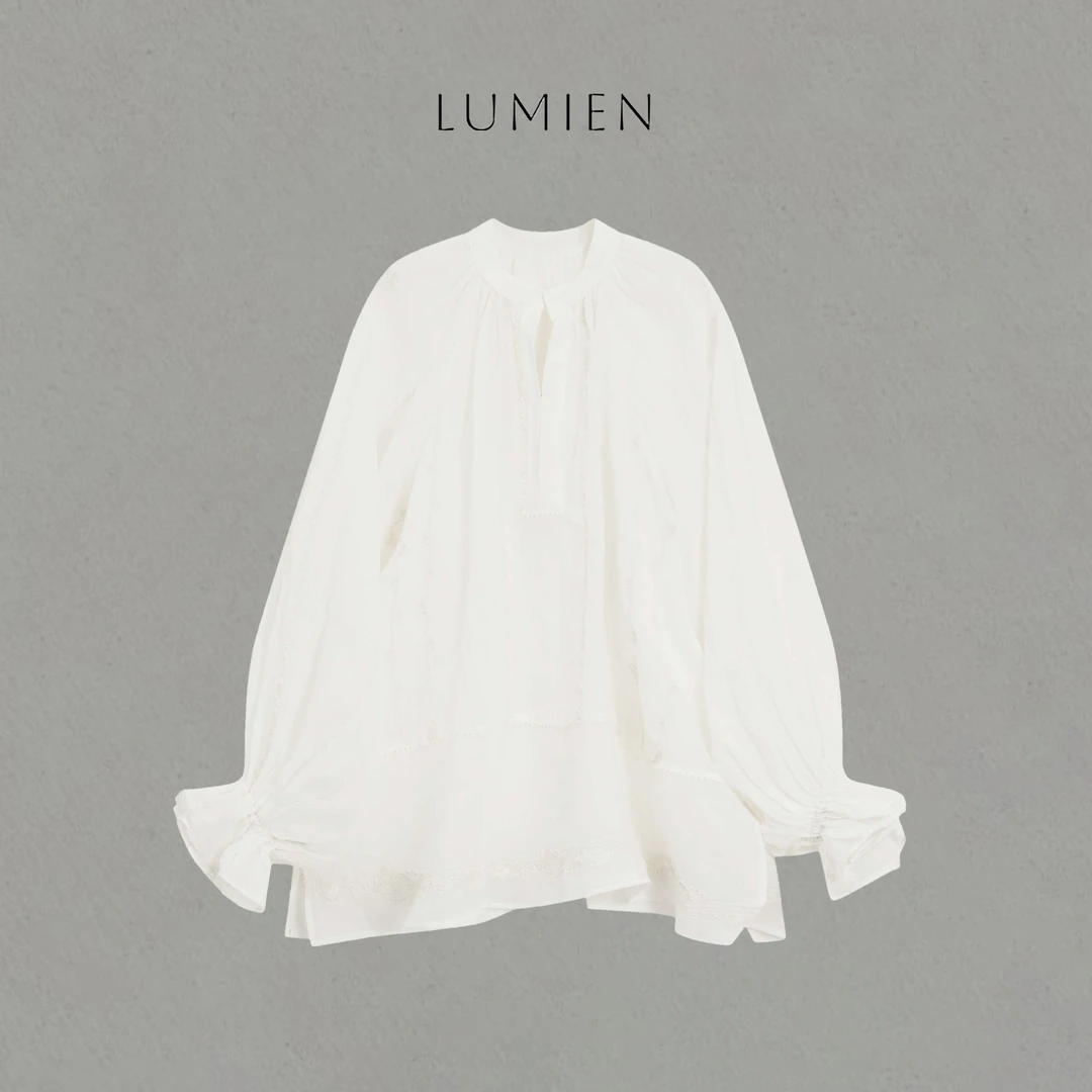 【LUMIEN】宫廷风对称苎麻绳绣花设计感泡泡袖V领长袖衬衫LX5DCC139